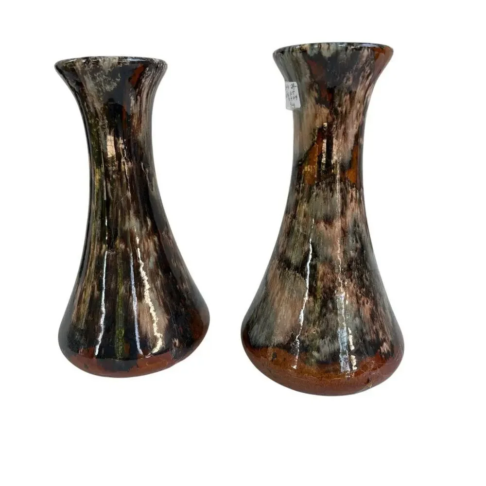 Antique Brush McCoy Onyx Art Pottery Vase Pair #64 Brown Drip Glaze 1930s